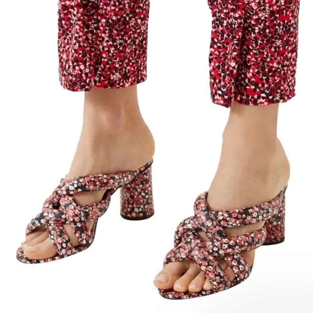 Rebecca Minkoff Amandine 3 inch block heel sandals, red floral print, size 7